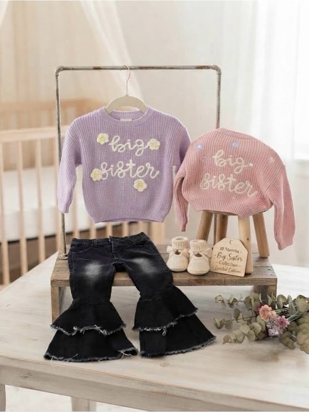 Big Sister Knit Sweater - Lavender and Pink Paired with Black Jeans